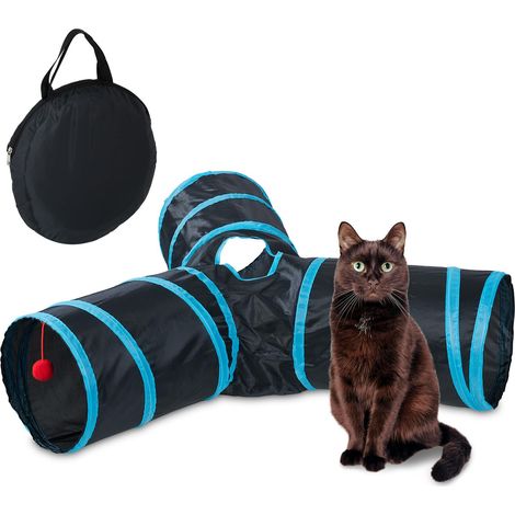 Tunnel pour Chat, 3 Voies, HxLxP : env. 25 x 92 x 85 cm, Jouet interactif, Petits Animaux, Nylon, Noir/Bleu (1/5)