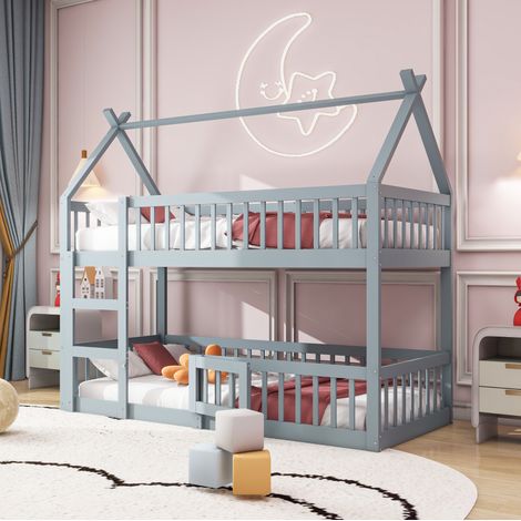 Cama infantil alta con escalera y barandilla gris OKMYHOME (1/5)