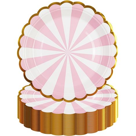 50 assiettes à dessert jetables roses avec bords festonnés dorés - Vaisselle de fête haut de gamme pour anniversaires, mariages, fêtes prénatales et autres célébrations.