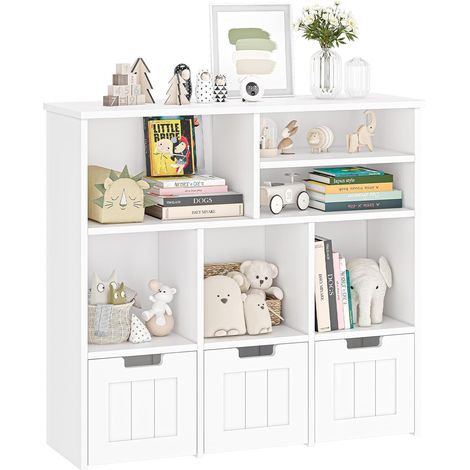 Meuble de rangement blanc pour jouets d’enfants avec roulettes dissimulées (1/5)