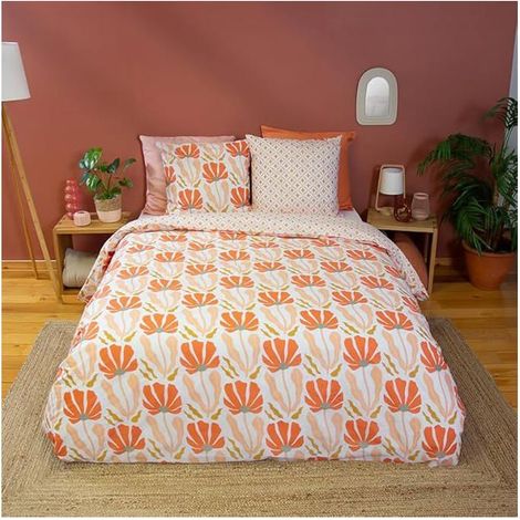 Parure de lit - CÔTÉ DÉCO - Motifs géométriques et fleuris - 220 x 240 cm - 100% coton - Rose