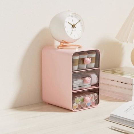 organisateur de bureau à 3 tiroirs Boîte de rangement de cosmétiques, Type tiroir, boîte de meuble bac Petit cochon rose (1/4)