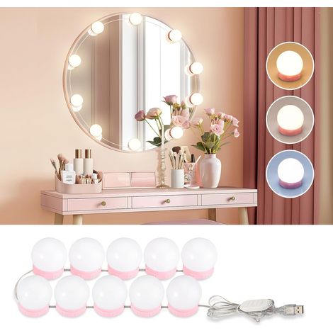 Dimmbares Spiegellicht, 10 LED-Glühbirnen im Hollywood-Stil, 3-farbige Make-up-Lichter und einstellbare Helligkeit, dimmbare Lampe für Schminkspiegel und Frisiertisch (Pink) (1/5)