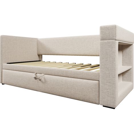 Lit banquette capitonné 90x190 cm avec lit gigogne, beige, en lin mélangé, sans matelas (1/5)