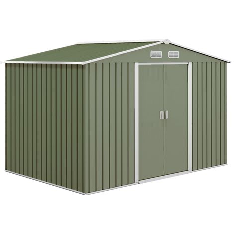 Outsunny – Abri de jardin métal 5,4m² – Tôle d'acier galvanisé – Porte coulissante verrouillable – 4 aérations – Kit de fondation inclus – 277x195x192cm – Vert clair