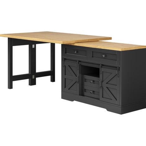 Isla de cocina multifunción 2 en 1 de MDF negro con mesa extensible y aparador lateral (1/5)