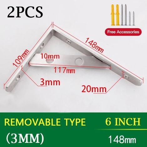 (Amovible 3 mm - 6 pouces) 2 supports triangulaires en acier inoxydable pour étagère murale, support robuste, fixation murale, banc, table, étagère - quincaillerie (1/5)