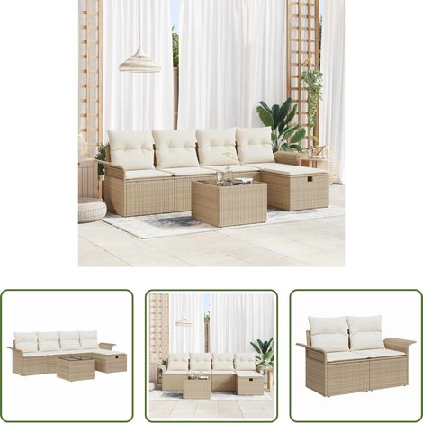 Gartentisch - Gartensofa-set mit Kissen 6 pcs Beige und Creme Poly-Rattan (1/5)