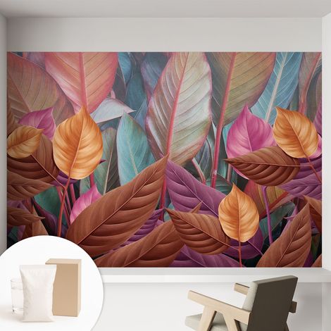 Carta Da Parati Con Design Moderno - Per Rinnovamento Rapido - Non-Woven - Per Interni Moderni Foglie colorate 152x104 cm (1/5)