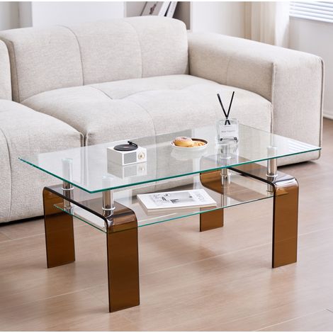 Tavolino da centro in vetro temperato trasparente 100 x 55 x 45 cm a due livelli HAVRYA (1/5)