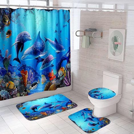 Ensemble de rideau de douche dauphin 4 pièces, avec tapis de douche et couvercle de toilette antidérapant, UM (1/5)