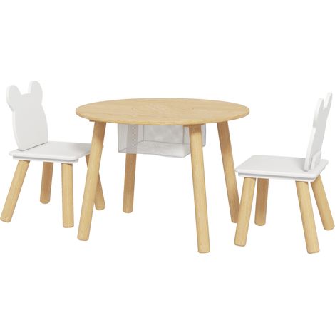 AIYAPLAY Set Tavolo e 2 Sedie per Bambini a Orsetto e Contenitore Color Legno