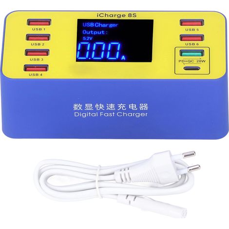 Chargeur USB 8 ports multifonction avec affichage numérique, QC3.0 PD charge rapide, prise européenne AC 100-240V (1/5)
