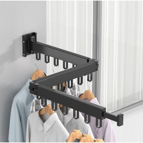 Étendoir à linge mural pliable invisible noir à engrenage trois plis fixation perçage ou sans perçage pour balcon fenêtre pour sécher couvertures et vêtements (1/3)