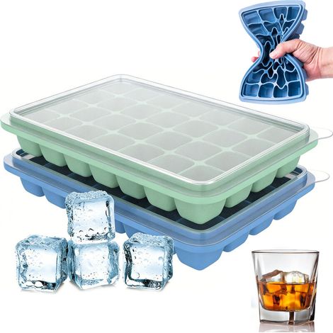 Lot de 2 Bacs à Glaçons Silicone avec Couvercle – 80 Petits Glaçons Carrés, Sans BPA, Vert & Bleu, Empilables et Pratiques (1/5)