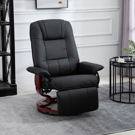 Poltrona reclinabile girevole in similpelle nera con poggiapiedi e base in legno OKWISH (1/5)