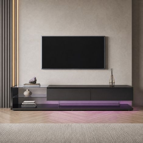 Mueble TV 170x36x38 cm negro en paneles de madera, con almacenaje, estilo moderno FloraGrace (1/5)