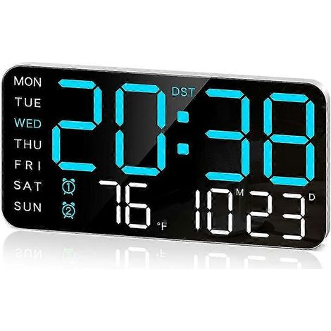 Horloge murale numérique de 8,4 pouces avec réveil LED, grand affichage numérique, date, température, heure d'été, convient aux chambres et aux salons, constitue un bon cadeau, verte et bleue. (1/5)