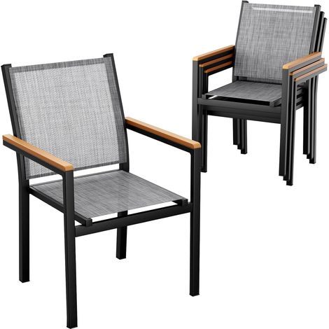 Gartenstuhl 4er-Set aus Aluminium, stapelbar, mit Textilene und WPC-Armlehnen, grau (1/5)