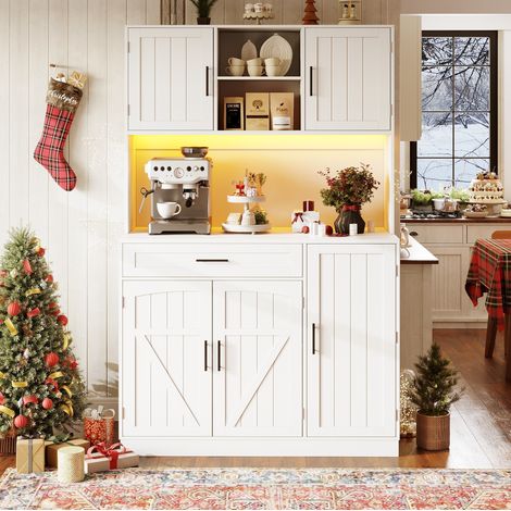 Aparador de cocina alto 110 x 38 x 180 cm con LED, enchufes y 5 puertas blanco (1/5)
