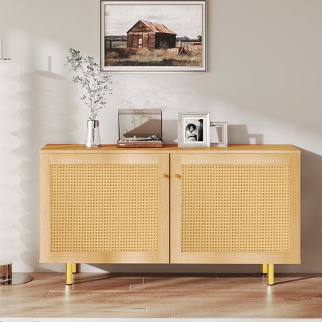 Madia bassa, mobile contenitore per soggiorno e sala da pranzo, in rattan intrecciato e legno stile boho chic, L 120 x P 40 x H 63 cm, con 2 ante e gambe dorate, Naturale (1/5)