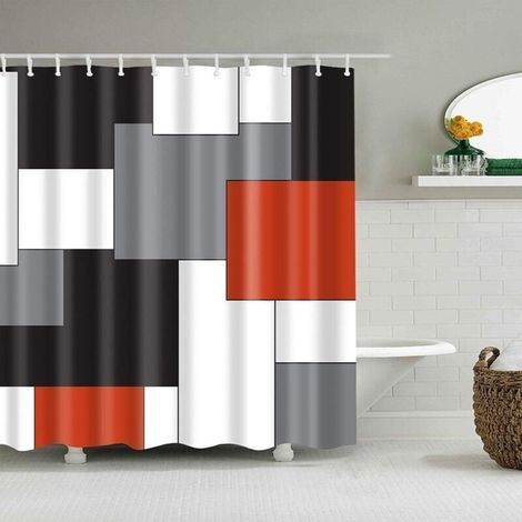 Rideau de douche géométrique imperméable en polyester – 178 x 178 cm, noir/gris/rouge/blanc, avec 12 crochets inclus (1/4)