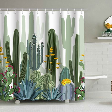 150 x 180 cm Duschvorhang mit Kaktusmotiv, Wüsten- und Sukkulenten-Grünpflanzen-Design, wasserdichter Stoff mit 12 Haken
