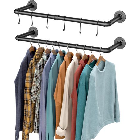 Portant à Vêtements Industriel, Tringle à Vêtements Murale, Barre de Tuyau de Rail de Suspension Murale pour Chambre à Coucher en Métal Noir (Noir, Paquet de 2) (1/5)