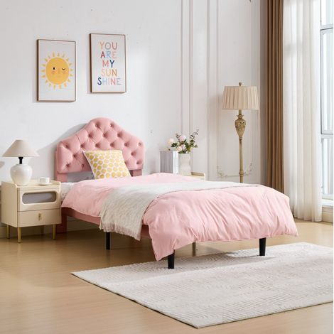 Cama tapizada individual con cabecero ajustable rosa OKMYHOME (1/5)