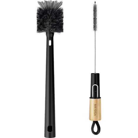 2 en 1 Goupillon Biberon et Goupillon Paille, Long Manche en Bambou Brosse Bouteille pour Biberon Bébé, Brosse Nettoyage à Gourde, Verre, Tasse, Thermos, Noir (1/5)