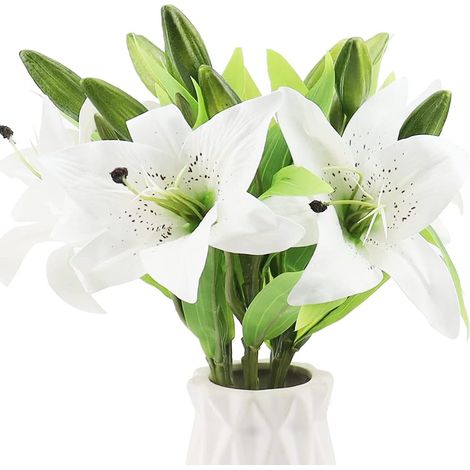 Paquet de 6 tiges de Lys blanc fleurs artificielles, 3 bourgeons 36 cm bouquet de mariage Home Decor lys (1/5)