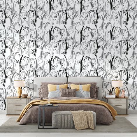 Papier Peint Noir et Blanc - Bambous Élégants - 150 x 250 cm (1/2)