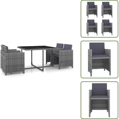 The Living Store Set da Pranzo da Giardino 5 pz con Cuscini in Polyrattan Grigio - Tavolo da pranzo da giardino