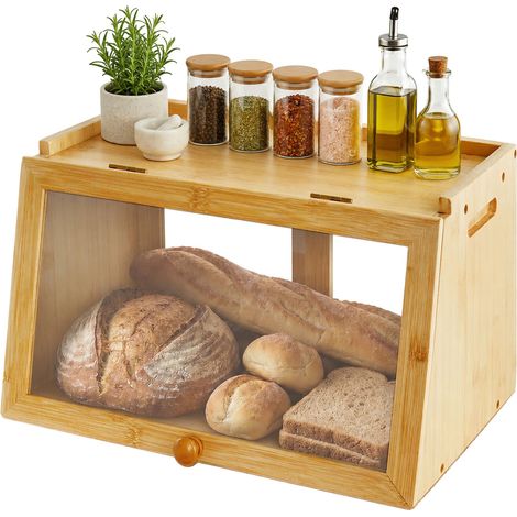 Relaxdays Bamboo Bread Bin, Front Flap & Sliding Door, Access from Both Sides, HWD: 23x39x26 cm, Bread Box, Natural (1/5)