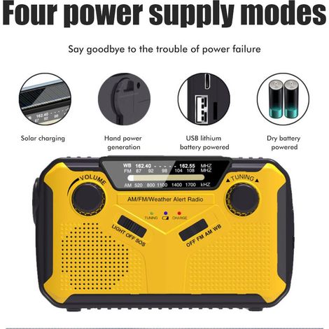 1 pièce nouveau modèle radio d'urgence solaire à manivelle avec météo, prévisions catastrophes, batterie externe portable jaune édition européenne. (1/5)