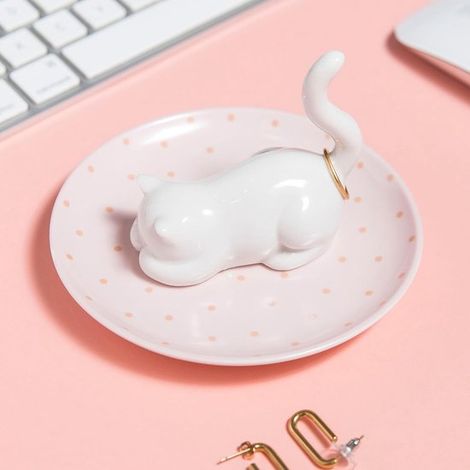 Portaanelli a forma di gatto，vassoio portagioie in ceramica，scatola portaoggetti. Ideale per riporre anelli，regalo di compleanno per donne (1/2)