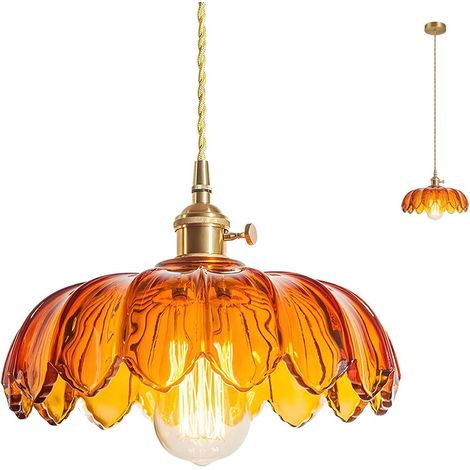 25 cm industriel Vintage pendentif éclairage verre Lotus lampe suspension lustre E27 laiton finition plafond suspension lampe (Orange) (1/5)