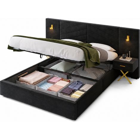 Lit coffre capitonn 160×200 cm avec rangement et tête verticale , 2 tables de chevet et led latérales, bois et velours, noir (1/4)