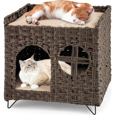 GOPLUS Niche Chat en Rotin, Niche Pliable à 2 Niveaux avec Grotte Cachée, Maison Chat avec Plateforme Supérieure, 2 Coussins Doux, Condominium Moderne pour Animaux de Compagnie, pour Salon, Balcon (1/5)
