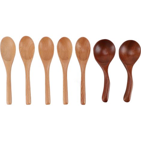 Lot de 7 cuillères en bois massif naturel, faciles à nettoyer, pour cuisine : service, cuisson, mélange et remuer. (1/5)