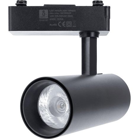 Spot LED sur rail 15 W, deux fils, couleur noire, idéal pour éclairer les espaces commerciaux et résidentiels.