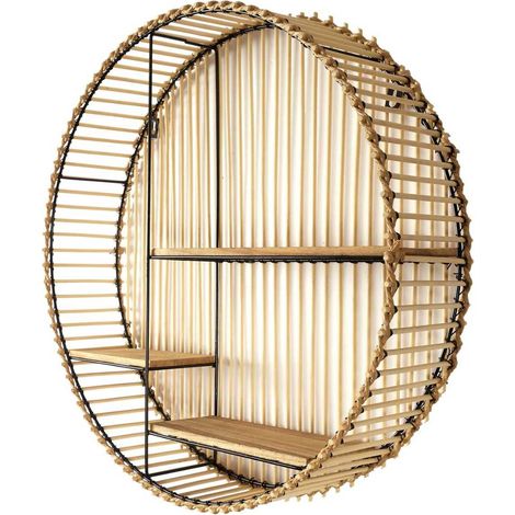 SAPHIR - Etagère murale ronde en bambou et métal plateau bois (1/4)
