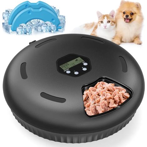 Distributeur automatique de nourriture humide pour chats : Ce distributeur automatique de nourriture humide pour chats, fonctionnant sur piles, est spécialement conçu pour distribuer jusqu'à 6 repas p