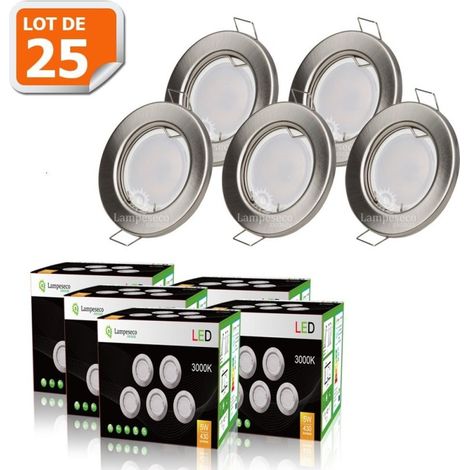 LOT DE 25 SPOT LED ENCASTRABLE COMPLETE RONDE FIXE ALU BROSSE eq. 50W BLANC CHAUD