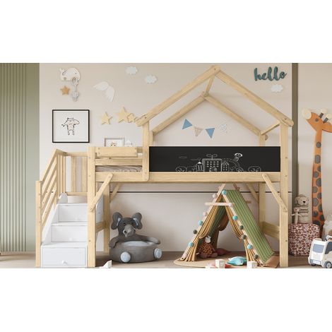 Lit superposé enfant avec barrière et grille, design toit unique, tableau noir, 3 casiers dans escalier, pin MDF contreplaqué, blanc naturel, 90x200 (1/5)