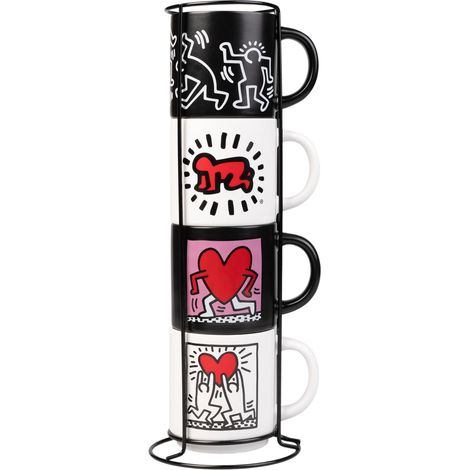 Lot de 4 Tasses à Café Empilables avec Support Métallique, Tasses Compatibles Micro-ondes et Lave-vaisselle, Porcelaine (1/5)
