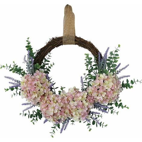 18 pouces artificielle hortensia couronne porte d'entrée blanc rose à la main couronne florale feuilles vertes printemps guirlande décoration murale (1/5)