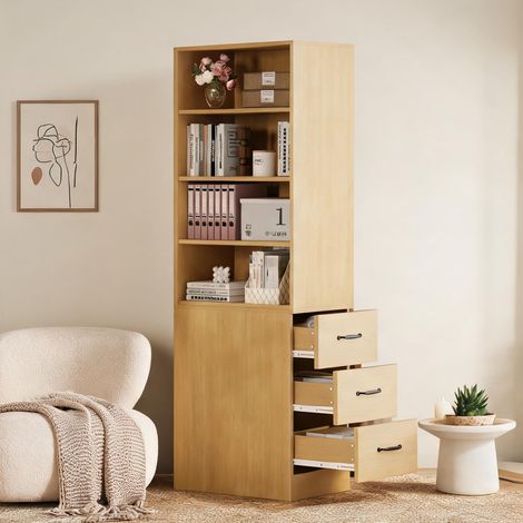 Étagère bibliothèque fine 180 cm avec tiroirs latéraux oak (1/5)