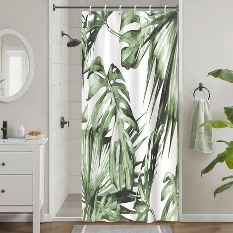 Rideau Douche Anti Moisissure, Rideau de Douche Petit 90x180cm Vert Tropical Feuilles de Palmier Jungle Rideaux de Baignoire Tissu Lavable Imperméable Rideaux Salle de Bain avec 6 Crochets (1/5)