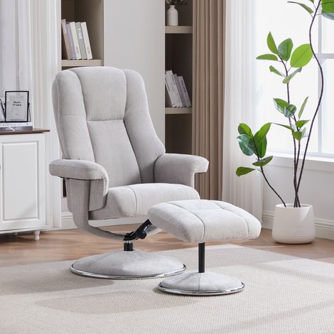 Schwenkbarer skandinavischer Relaxsessel mit Ottomane, grauem Veloursstoff bezogen, vollmetallische umhüllte Basis – elegantes Design, optimale Stabilität und höchster Komfort